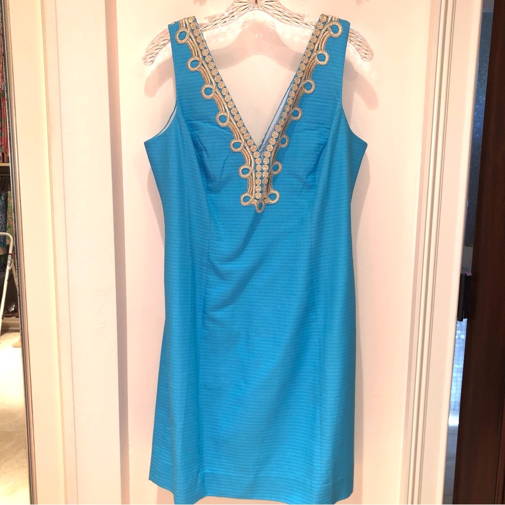 New Lilly Pulitzer Elegant Blue Sleeveless Dress With Gold Braid Trim Size 12